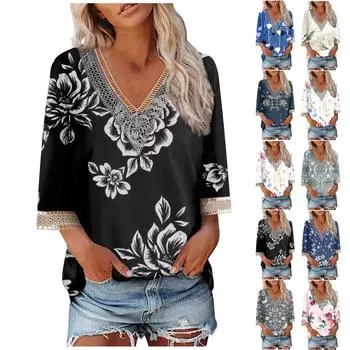 Женская блузка, повседневная, свободная, с рукавами 3/4, с кружевной отделкой, с принтом, V-образным вырезом, принтом, топы, футболки S