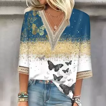 Женская блузка, повседневная, свободная, с рукавами 3/4, кружевной отделкой, принтом, топы с V-образным вырезом, футболки, футболки XL