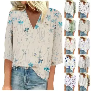 Женская блузка, повседневные свободные рубашки, топы с v-образным вырезом и рукавом 3/4, футболки