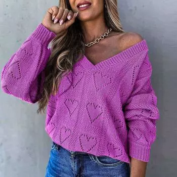Женская блузка-пуловер с полым v-образным вырезом и длинными рукавами в форме сердца, вязаный свитер L