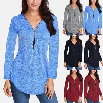 Женская блузка-пуловер с V-образным вырезом и кисточками на молнии с длинным рукавом XXXXXL