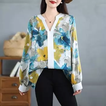 Женская блузка рубашка базовая одежда топы хлопок принт пэчворк повседневная свободная осень XL синий