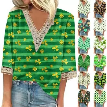 Женская блузка-рубашка, повседневные свободные рубашки с рукавами 3/4 и кружевной отделкой St. Топы с V-образным вырезом и принтом ко Дню Святого Патрика Топы с принтом Футболки Футболка L