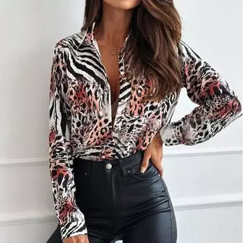 Женская блузка-рубашка с длинным рукавом и леопардовым принтом на весну и лето S
