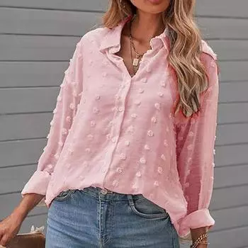 Женская блузка-рубашка с длинным рукавом, однотонная, весна-лето, свободная, универсальная S розовый