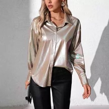 Женская блузка-рубашка с длинным рукавом, однотонная, весна-лето, свободная, универсальная S серый