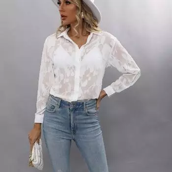 Женская блузка-рубашка с длинным рукавом, полупрозрачная, весна-лето, шифоновая, универсальная S белый