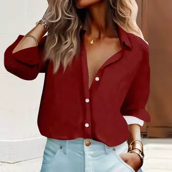 Женская блузка-рубашка, сплошной цвет, пуговицы, длинный рукав, повседневный базовый рубашечный воротник, обычный топ XXL винный