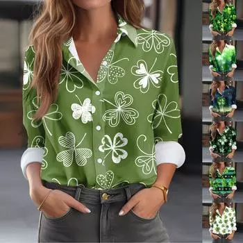 Женская блузка-рубашка St. День Святого Патрика Пуговицы с принтом Длинный рукав Повседневный базовый рубашечный воротник Обычный топ L