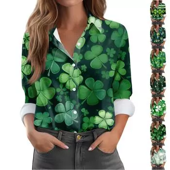 Женская блузка-рубашка St. День Святого Патрика Пуговицы с принтом Длинный рукав Повседневный базовый рубашечный воротник Обычный топ L