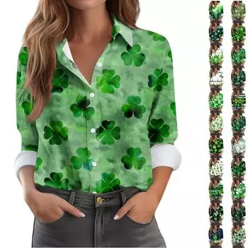 Женская блузка-рубашка St. День Святого Патрика Пуговицы с принтом Длинный рукав Повседневный базовый рубашечный воротник Обычный топ L