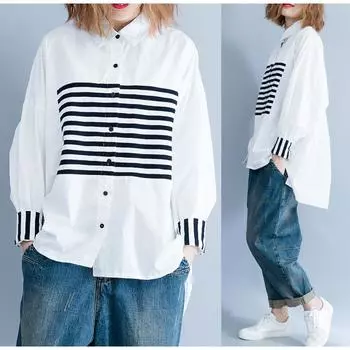 Женская блузка, рубашка, женские базовые топы, одежда из хлопка с принтом в полоску, пэчворк, повседневный свободный кардиган больших размеров One Size белый