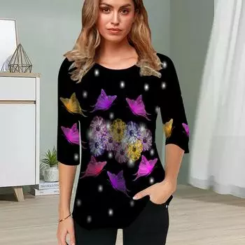 Женская блузка с 3D-принтом из пластика и цветами, топы с короткими рукавами, летние повседневные топы, футболка с круглым вырезом и короткими рукавами XS синий