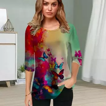 Женская блузка с 3D принтом осенних бабочек, цветочные топы с коротким рукавом, летние повседневные топы, футболка с круглым вырезом и коротким рукавом XS темно-синий