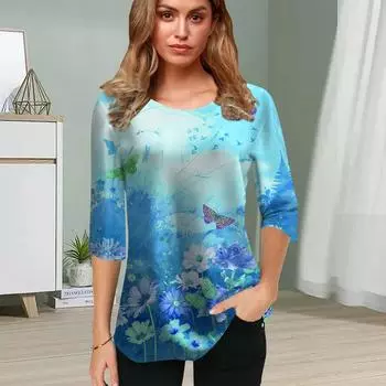 Женская блузка с 3D-принтом синего цвета и морского цветка, топы с коротким рукавом, летние повседневные топы, футболка с круглым вырезом и коротким рукавом XS синий
