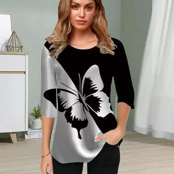 Женская блузка с 3D-принтом в виде бабочек, двухцветная, с цветочным принтом и короткими рукавами, летние повседневные топы, футболка с круглым вырезом и короткими рукавами XS белый