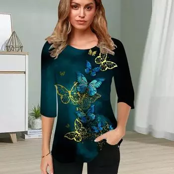 Женская блузка с 3D принтом в виде бабочки и цветком, топы с коротким рукавом, летние повседневные топы, футболка с круглым вырезом и коротким рукавом XS чёрный