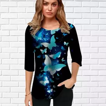 Женская блузка с 3D-принтом в виде пластиковой бабочки, цветочные топы с коротким рукавом, летние повседневные топы, футболка с круглым вырезом и коротким рукавом XS розовый