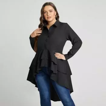 Женская блузка с асимметричным подолом и лацканами с оборками и высокой низкой свободой L чёрный