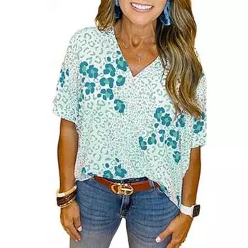 Женская блузка с цветочным принтом Bohemia Boho с коротким рукавом V-образным вырезом, обычная, на каждый день, для отдыха, на выход, с пуговицами, с карманом, с принтом, лето S