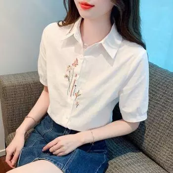 Женская блузка с цветочным принтом Футболки больших размеров с коротким рукавом и вышивкой Мешковатые топы с круглым вырезом и цветочным принтом XXL белый