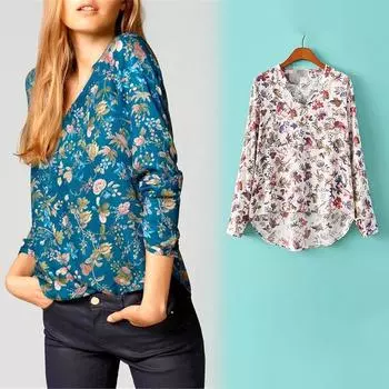 Женская блузка с цветочным принтом и длинным рукавом, повседневные модные топы с v-образным вырезом M