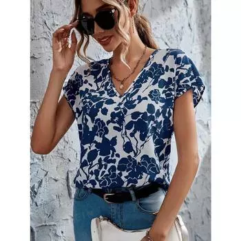 Женская блузка с цветочным принтом и V-образным вырезом, рукавами «летучая мышь», женские топы, рубашки