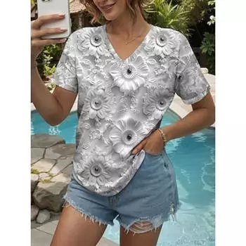 Женская блузка с цветочным принтом, повседневная, с коротким рукавом, с V-образным вырезом, обычные топы, повседневный принт, черный, белый, желтый, розовый, синий, лето S