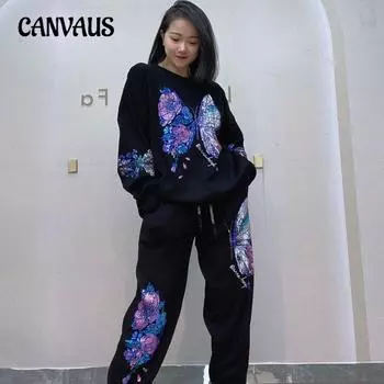 Женская блузка с длинным рукавом, длинные брюки, трикотажный костюм, осенняя мода, свободный повседневный костюм для бурения, брюки больших размеров