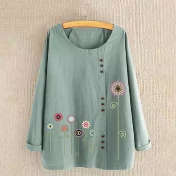 Женская блузка с длинным рукавом и круглым вырезом, элегантная рубашка с цветочным принтом и пуговицами, свободный топ 4XL розовый