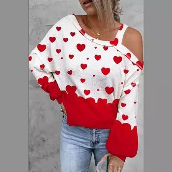 Женская блузка с длинным рукавом и открытыми плечами, косой воротник, принт в виде сердца, повседневная модная блузка, футболка, топ S