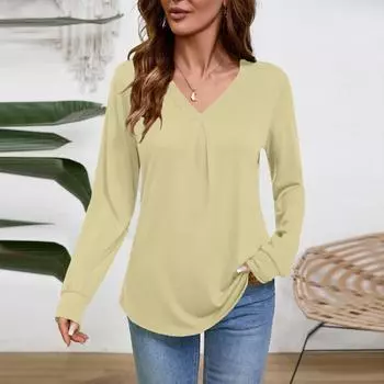 Женская блузка с длинным рукавом и V-образным вырезом, деловая повседневная туника, топ свободного кроя, рабочая рубашка L бежевый