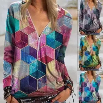 Женская блузка с длинным рукавом с геометрическим принтом и хлопковой смесью на молнии с V-образным вырезом Футболка Пуловер на лето XL синий