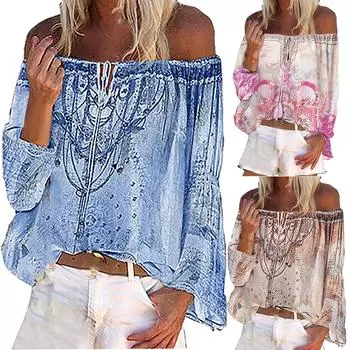 Женская блузка с длинным рукавом с открытыми плечами и цветочным принтом, рубашка-топ S бежевый