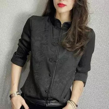 Женская блузка с длинным рукавом в китайском стиле, элегантная, с пуговицей на пластине 4XL чёрный