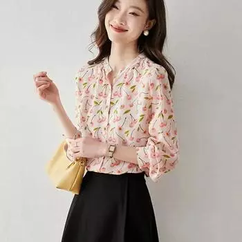 Женская блузка с длинными рукавами и принтом, весенне-осенняя модная свободная шифоновая рубашка, топ со стоячим воротником, Blusas Camiseta Mujer XXL розовый