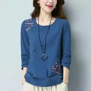 Женская блузка с длинными рукавами в винтажном стиле с литературным принтом, большие ярды, пуловер с баской Yangqi Aging Bottoming Shirt M озеро синий