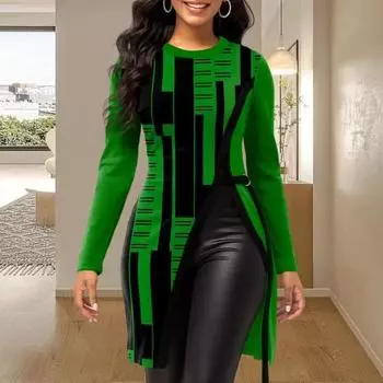 Женская блузка с геометрическим принтом на осень-зиму, с круглым вырезом, длинным рукавом, разрезом по бокам, средней длины S зелёный