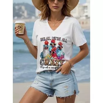 Женская блузка с графическим изображением петуха в винтажном стиле, классическая, с коротким рукавом, с V-образным вырезом, с обычным принтом, лето S