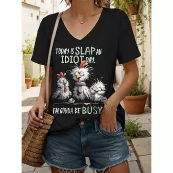 Женская блузка с графическим принтом и буквами петуха, повседневная, с коротким рукавом, с V-образным вырезом, обычная, повседневная, для выхода, пляжная одежда, лето-весна S