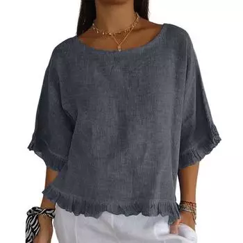 Женская блузка с коротким рукавом, весна-лето, круглый вырез, повседневная свободная рубашка-пуловер для повседневного офиса, вечеринки, путешествия M темно-серого