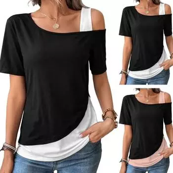 Женская блузка с косыми плечами и контрастной цветной строчкой, асимметричный косой воротник, короткий рукав, футболка XS