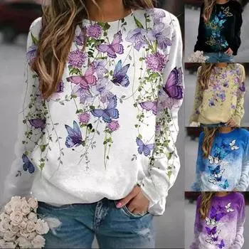 Женская блузка с круглым вырезом и цветочным принтом бабочки, повседневная свободная с длинным рукавом 3XL белый