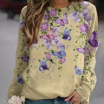 Женская блузка с круглым вырезом и цветочным принтом бабочки, повседневная свободная уличная толстовка с длинным рукавом для зимы 3XL белый