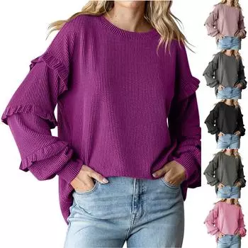 Женская блузка с круглым вырезом и длинным рукавом, свободный крой, однотонные топы, осенняя модная футболка L армия зеленый