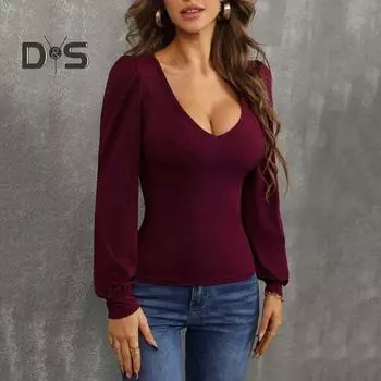 Женская блузка с круглым вырезом и длинными рукавами, весна-осень, однотонная облегающая футболка с высокой эластичностью, уличная одежда L чёрный