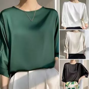 Женская блузка с круглым вырезом и половиной рукава, свободная посадка, однотонная, гладкая 2XL чёрный