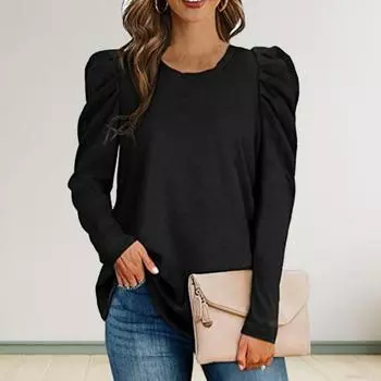 Женская блузка с круглым вырезом и пышными плечами, длинными рукавами, осень-зима, однотонная, тонкая XL темно-красного