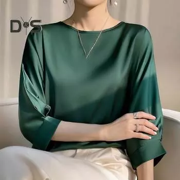 Женская блузка с круглым вырезом и рукавом «летучая мышь», свободный крой, однотонная гладкая атласная рубашка, топы, легкие тонкие топы, уличная одежда 2XL чёрный