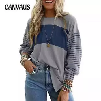 Женская блузка с круглым вырезом в полоску с лоскутным узором и разрезом, повседневный топ с длинными рукавами S синий